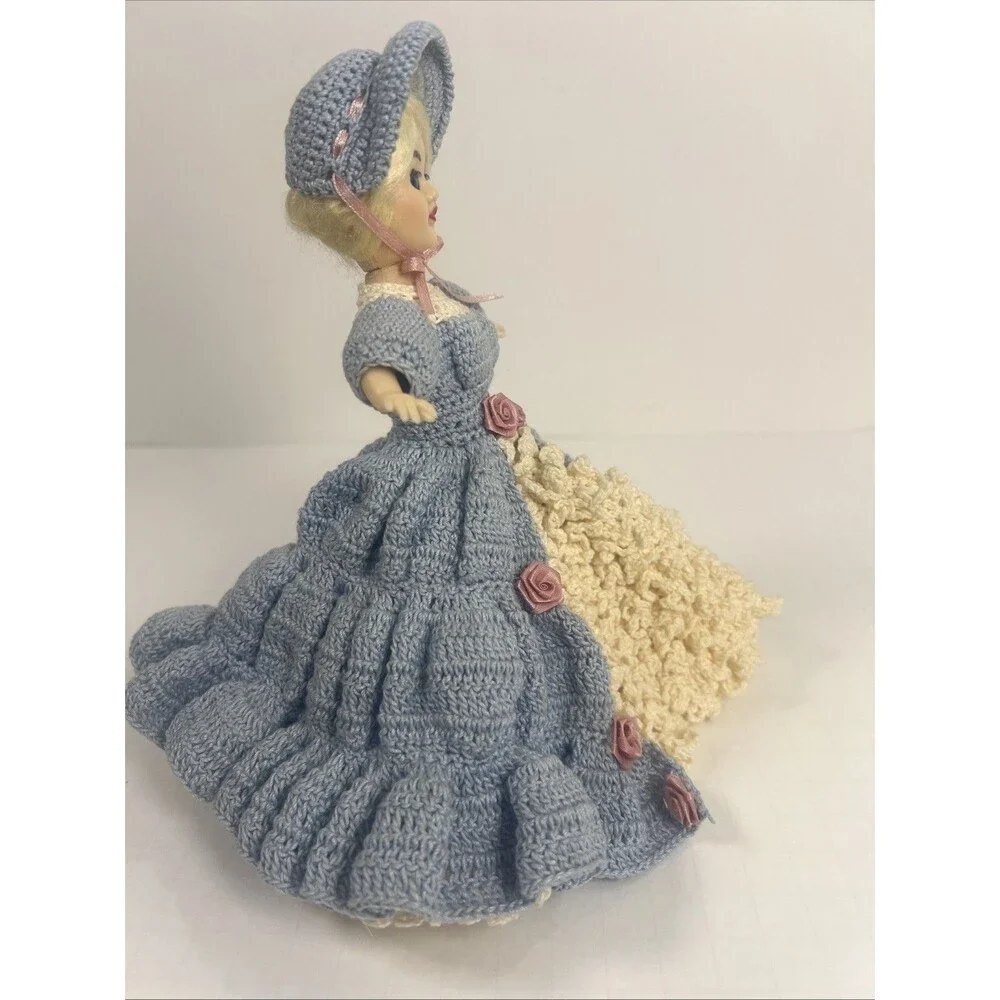 Vintage Plastic Doll Handmade Crocheted Blue DressBlonde Hair Blue Blinking Eyes